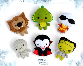 Classic horror movie monsters, Felt toy sewing PDF and SVG patterns, Dracula, Werewolf, Mummy, Frankenstein, Invisible man, Creature