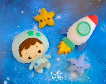 Astronaut, Spaceship and Stars felt toy PDF and SVG patterns, Felt space ornaments, baby crib mobile toy