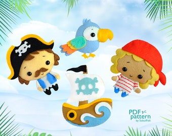 Cute Pirates, Parrot and Ship felt toy PDF and SVG patterns, Plush toy sewing PDF tutorial, baby crib mobile toy, Pirate banner