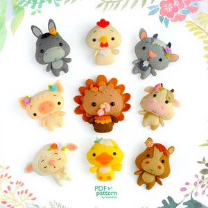 Farm animals felt toy sewing PDF and SVG patterns, Felt animals, Felt patterns, Chick, Turkey, Goat, Duck, Pig, Cow, Donkey and Lamb