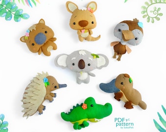 Australian animals felt toy PDF and SVG patterns, Felt animals, Baby mobile plush pattern, Koala, Kangaroo, Echidna, Crocodile, Platypus