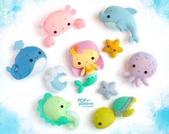 Sea creatures felt toy PDF and SVG patterns, Aquatic animals, Sea life mobile, Mermaid, Whale, Seahorse, Octopus, Sea turtle, Crab, Dolphin