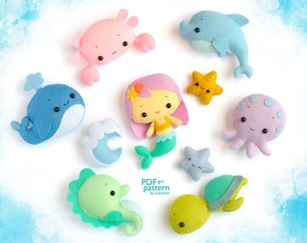 Sea Animals Felt Toy Patterns, Mermaid, Whale, Dolphin, Seahorse, Baby Crib Mobile (PDF & SVG)