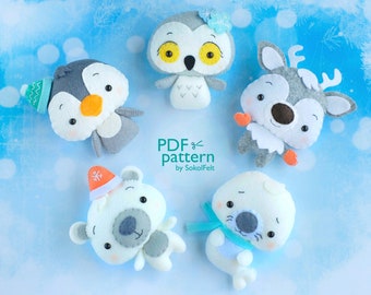 Set of 5 Christmas animal toy PDF and SVG patterns, Winter polar animals, Felt Penguin, Owl, Reindeer, Seal and White bear, Baby mobile toys