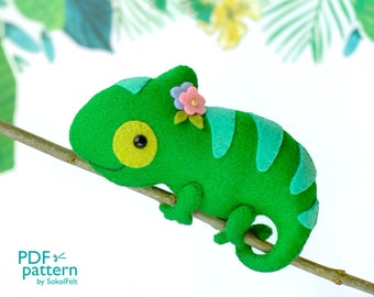 Chameleon felt toy sewing PDF and SVG Pattern, Felt woodland animal pattern, Cute lizard softie, baby crib mobile toy