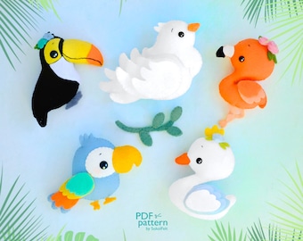 Cute birds felt toy PDF and SVG patterns, Parrot, Flamingo, Toucan, Dove and Swan, Plush bird doll sewing pattern, Baby crib mobile toy