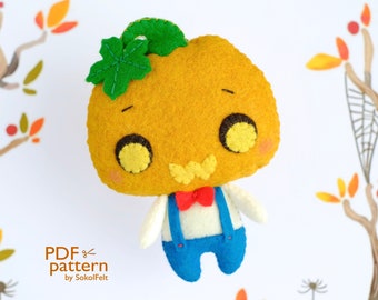 Pumpkin head boy felt toy PDF and SVG patterns, Halloween plush doll, Easy to make plush toy for Halloween