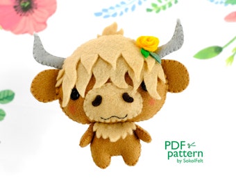 Highland cow felt toy sewing PDF and SVG patterns, Cute farm animal, Felt calf digital instant download tutorial, Baby crib mobile toy