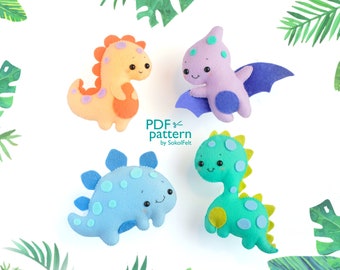 Set of 4 dinosaur felt toy PDF and SVG Patterns, Easy to make felt T-rex, Pterodactyl, Stegosaurus and Brontosaurus toys, baby crib mobile