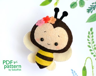 Little bee felt toy sewing PDF and SVG patterns, cute bug plush toy, baby crib mobile toy, DIY felt garland