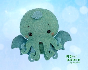 Baby Cthulhu felt toy sewing PDF and SVG pattern, The Call of Cthulhu, Lovecraft, Halloween toy pattern, Plush toy sewing tutorial