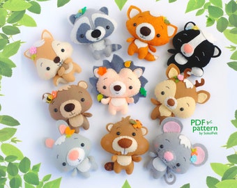 Set of 10 cute woodland animal felt toy sewing PDF and SVG patterns, Squirrel, Raccoon, Fox, Skunk, Bear, Hedgehog, Deer, Rabbit, Beaver