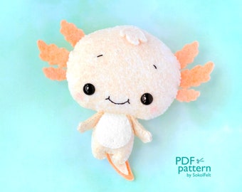 Baby Axolotl-vilt speelgoed naaien PDF- en SVG-patroon, vilt dierpatroon, salamander knuffel naaien tutorial, Sea Life mobiel babywiegje,