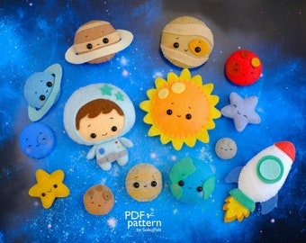 Système solaire en feutre bricolage, motifs PDF et SVG, planètes, jouets en feutre pour astronautes et vaisseaux spatiaux, ornements spatiaux, jouet mobile pour lit de bébé, décoration de chambre d'enfant