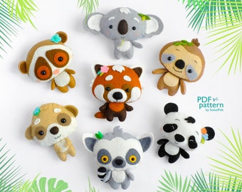 Cute baby animals felt toy sewing PDF and SVG patterns, Plush doll making patterns, Panda, Koala, Lemur, Sloth, Loris, Meerkat and Red panda