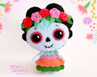 Sugar Skull Girl felt toy PDF and SVG sewing patterns, Lady Catrina, Felt doll sewing tutorial, Halloween toy, el Día de los Muertos