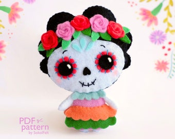 Sugar Skull Girl felt toy PDF and SVG sewing patterns, Lady Catrina, Felt doll sewing tutorial, Halloween toy, el Día de los Muertos