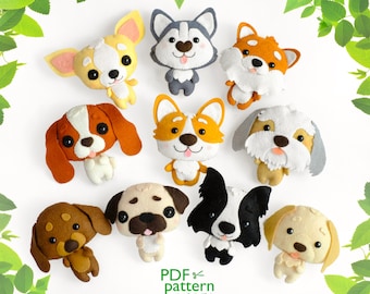 Cute dogs felt toy sewing PDF and SVG patterns, Set of 10 Plush puppies felt doll sewing patterns, Labrador, Corgi, Husky, Dachshund etc