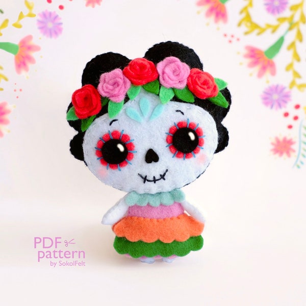 Sugar Skull Girl felt toy PDF and SVG sewing patterns, Lady Catrina, Felt doll sewing tutorial, Halloween toy, el Día de los Muertos