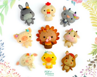 May include: A set of nine felt animal patterns for sewing. The patterns include a donkey, chicken, goat, pig, turkey, cow, lamb, duck, and horse. Each pattern is illustrated with a cute cartoon animal with a flower on its head.