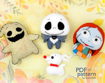 Set of 4 Halloween felt toy PDF and SVG patterns, Halloween patterns, Christmas patterns, Jack, Sally, Oogie Boogie and Zero