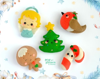 Christmas ornaments, Felt toy PDF and SVG patterns, Robin, Angel, Candy cane, Christmas tree, Gingerbread man, Felt baby mobile