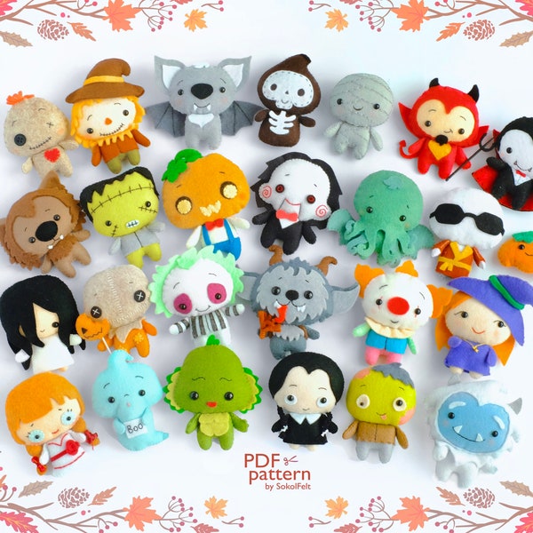 Felt Halloween toys sewing PDF and SVG Patterns, Set of 24 doll making patterns, Halloween plush toys, Halloween garland, baby crib mobile