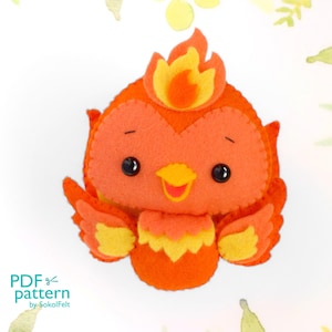 May include: A felt pattern for a cute orange and yellow bird with a flame-shaped head. The pattern is called "PDF pattern by SokolFelt".
