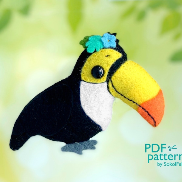 Cute toucan felt toy PDF and SVG pattern, Plush bird toy sewing tutorial, Baby crib mobile toy