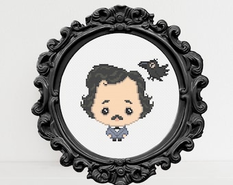 Puede incluir: Una bordado de punto de cruz con una ilustración de dibujos animados de Edgar Allan Poe con un cuervo negro posado en su cabeza. La ilustración está enmarcada en un marco negro adornado.