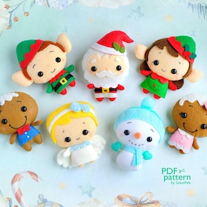 Cute Felt Christmas toy sewing PDF and SVG patterns, set of 7, Santa, Angel, Elves, Snowman, Mr. and Mrs. Gingerbread, Christmas baby mobile