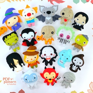 May include: A set of 18 felt Halloween character patterns. The patterns include a variety of characters such as a vampire, a ghost, a witch, a zombie, a Frankenstein, a scarecrow, a mummy, a skeleton, a werewolf, a clown, a pumpkin, a bat, a ghoul, a jester, a grim reaper, a monster, a devil, and a ghost. The patterns are all in a cute and whimsical style.