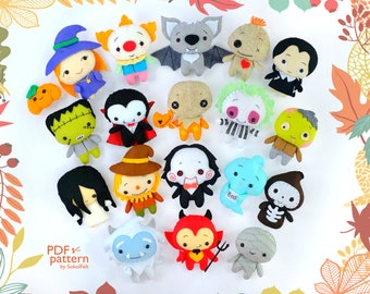 Felt Halloween Toy Sewing Patterns, Dracula, Witch, Clown, 18 DIY Plush Monsters (PDF & SVG)