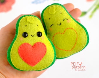 Avocado in love felt toy PDF and SVG patterns, Valentine's Day plush toy sewing tutorials, Cute felt ornament for keychain