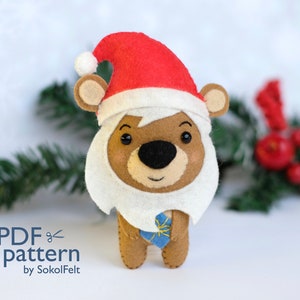 Felt Christmas bear toy sewing PDF pattern, Christmas woodland animal, Felt bear ornament, Felt Santa ornament, Christmas tree toy