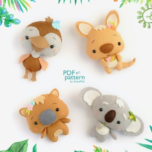 Australian animals felt toy PDF and SVG patterns, Set of 4, Plush toy sewing tutorial, Baby mobile pattern, Koala, Kangaroo, Emu and Wombat