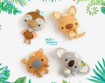 Patrons de couture pour jouets en feutre d'animaux australiens : koala, kangourou, émeu, wombat (PDF et SVG)