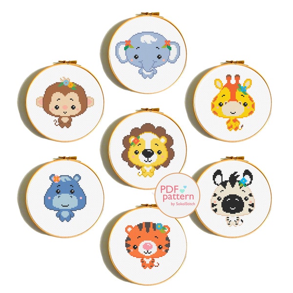 Wild jungle baby animals cross stitch PDF Patterns, Set of 7, Tiger, Lion, Zebra, Elephant, Hippo, Monkey and Giraffe