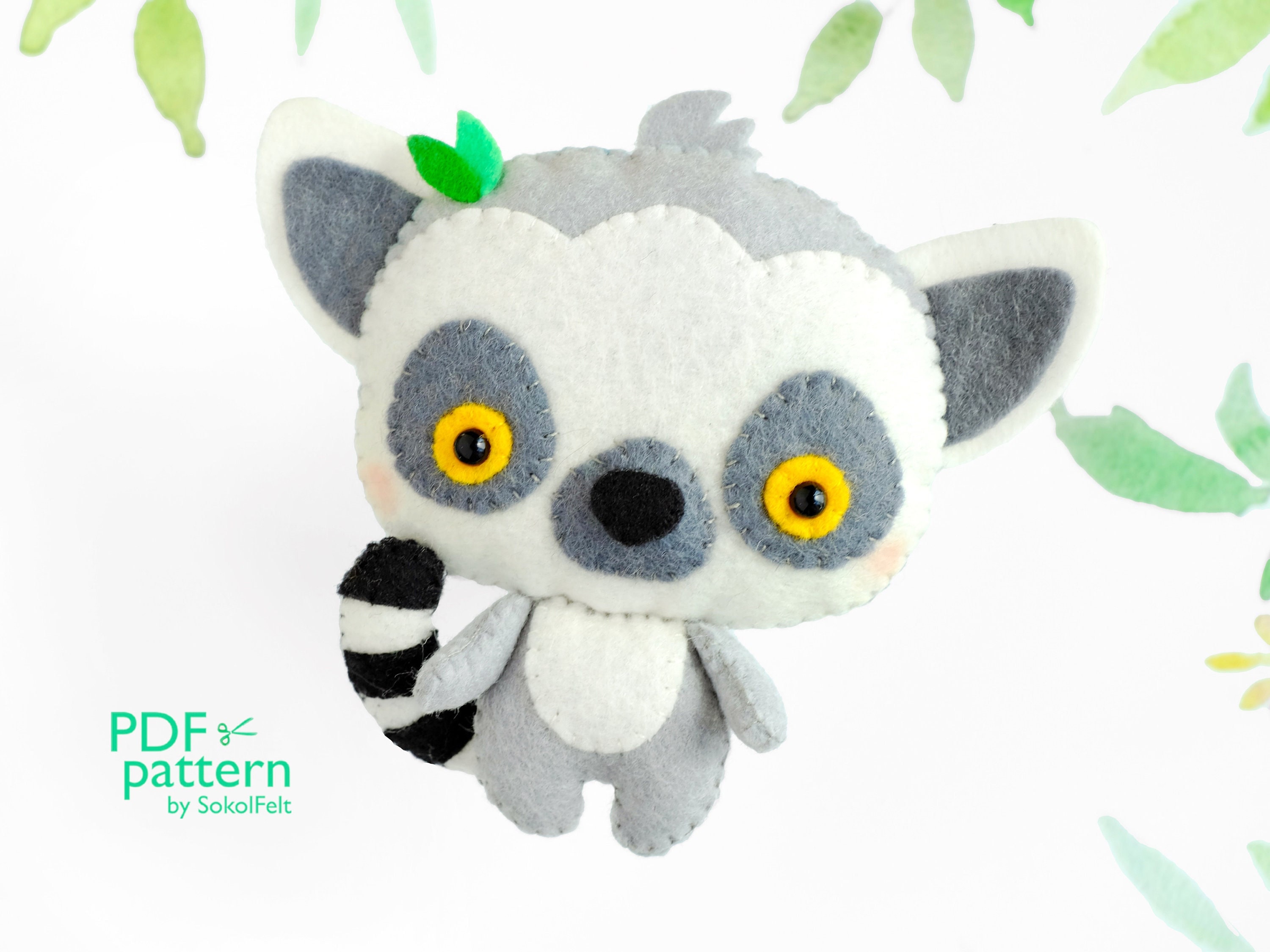 Cat Lemur felt toy PDF and SVG patterns, Madagascar animals, Plush doll pattern, Woodland baby crib mobile toy