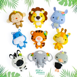 May include: A set of nine felt animal patterns for sewing. The animals include a monkey, lion, rhino, hippo, tiger, giraffe, zebra, elephant, and ostrich. The patterns are in PDF format and are available for download.