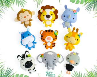 Jungle Safari Animals Sewing PDF Patterns & SVG Cut Files, Set of 9 felt toy sewing patterns, DIY Baby crib mobile