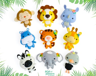 Jungle Safari Animals Sewing PDF Patterns & SVG Cut Files, Set of 9 felt toy sewing patterns, Tiger, Lion, Hippo, Monkey, Zebra, Giraffe etc