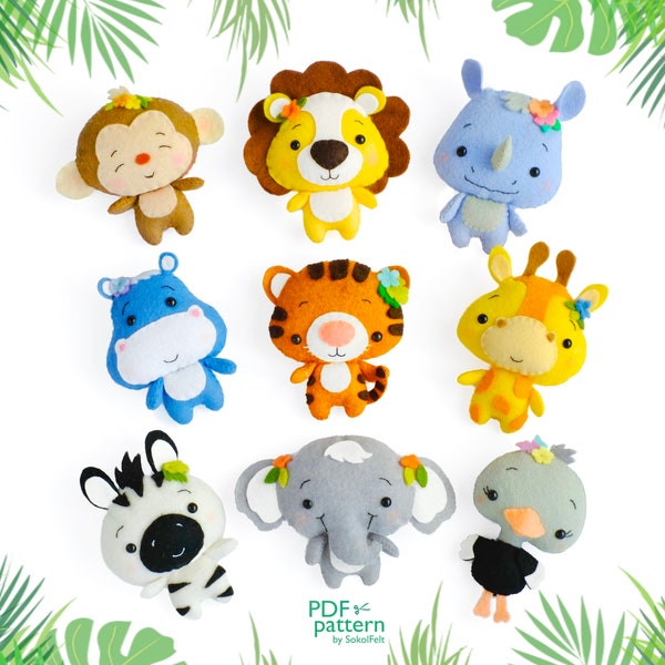 Jungle Safari Dieren Naaien PDF Patronen & SVG Cut Files, Set van 9 vilten speelgoed naaipatronen, Tijger, Leeuw, Nijlpaard, Aap, Zebra, Giraffe enz