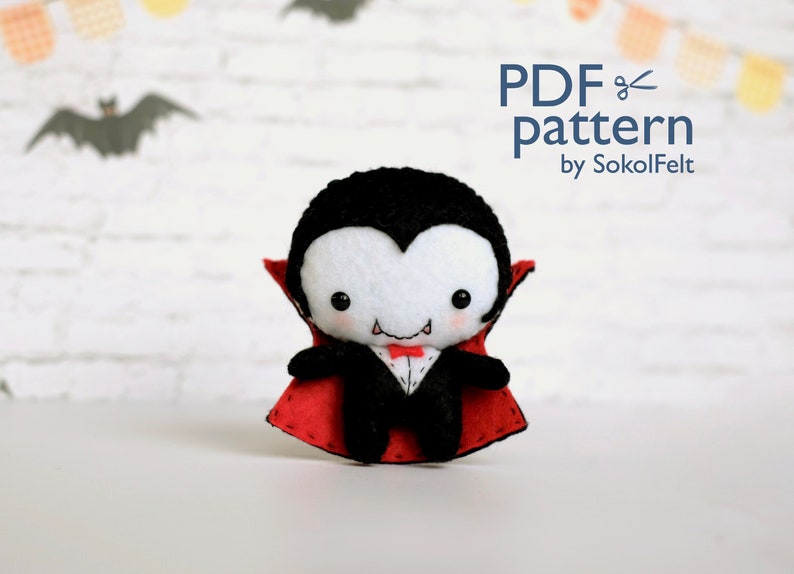 Baby Dracula felt toy sewing PDF and SVG patterns, Felt Vampire doll, DIY halloween toy, Easy to make Halloween toy image 3