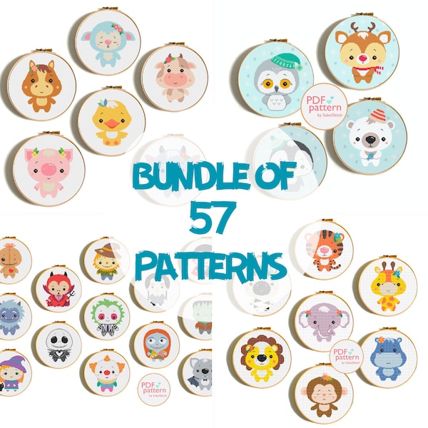 Bundle of 57 cross stitch patterns, Halloween set, Christmas set, Jungle, Farm, Woodland and Australian animals, patterns for beginners