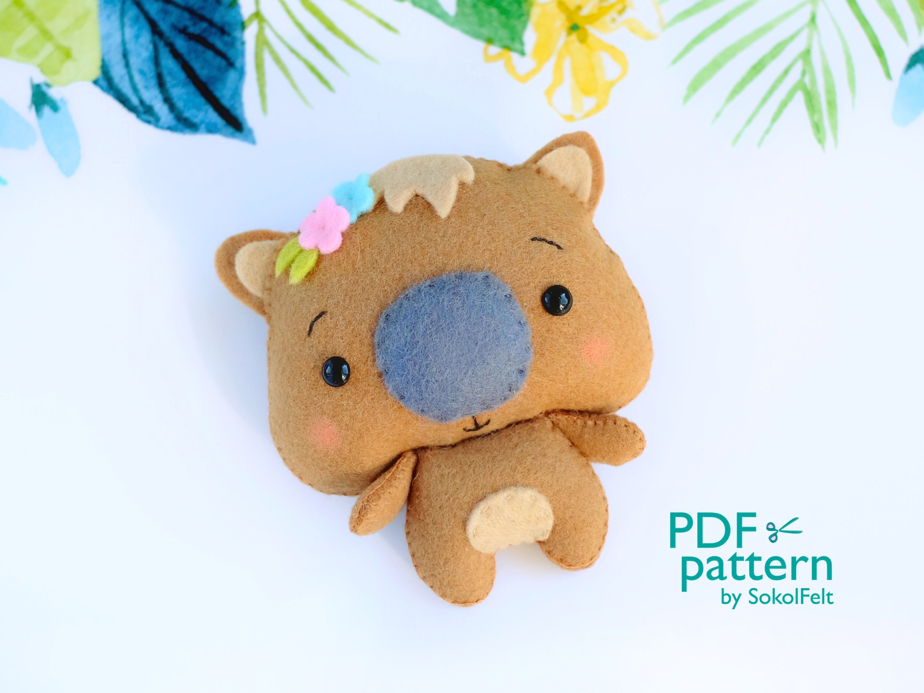 Baby wombat felt toy PDF and SVG patterns, Australian woodland animal sewing tutorial, baby crib mobile toy
