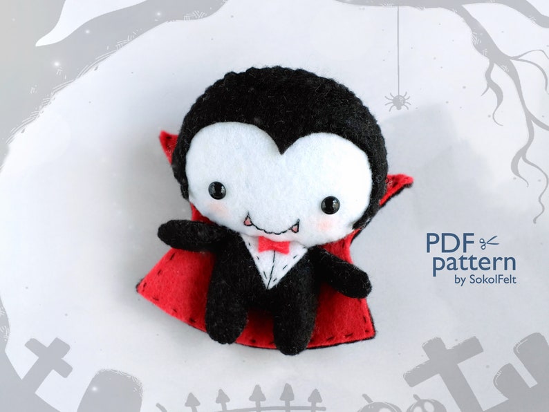 Baby Dracula felt toy sewing PDF and SVG patterns, Felt Vampire doll, DIY halloween toy, Easy to make Halloween toy