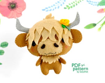 Highland cow felt toy sewing PDF and SVG patterns, Cute farm animal, Felt calf digital instant download tutorial, Baby crib mobile toy