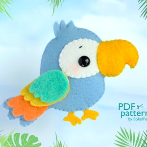Süßer Papagei Filztier PDF und SVG Muster, Plüschtier Vogel Spielzeug Nähanleitung, Baby Krippe Handy