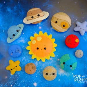 Felt Solar system toy PDF and SVG patterns, Sun, Earth, Moon, Mars, Venus, Jupiter, Mercury, Neptune, Space ornaments, baby crib mobile toy